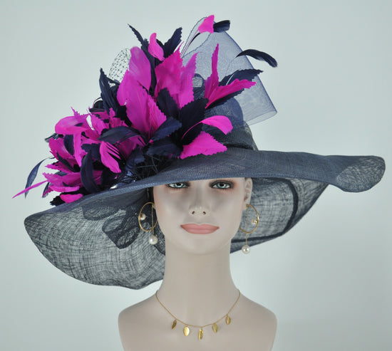 Wide Brim Kentucky Derby Hat, Ascot Hat for Wedding & Tea Party, Garden Party Hat, Mother of the Bride, Church Navy Blue Fuchsia Pink
