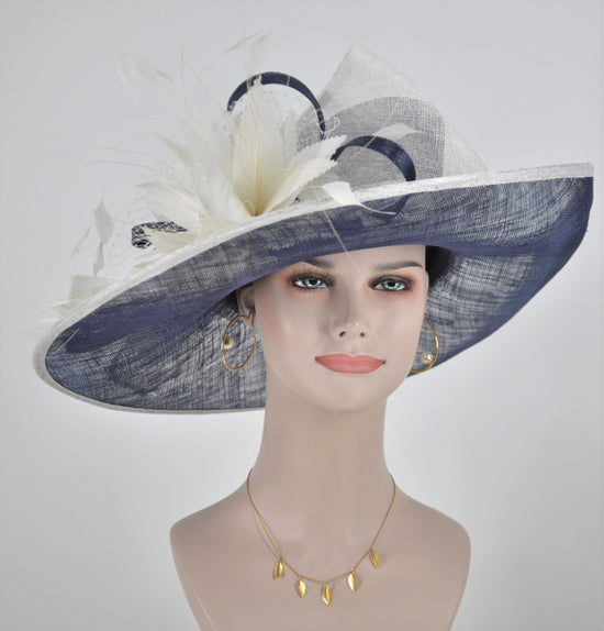 Navy Blue w White Feather Flower Derby Hat Tea Party Carriage Party