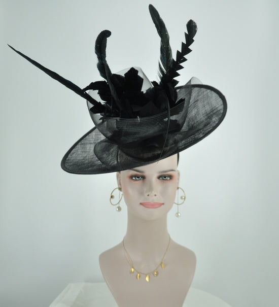 Black Sinamay Disc Fascinator Hat with Jumbo Feather Flowers