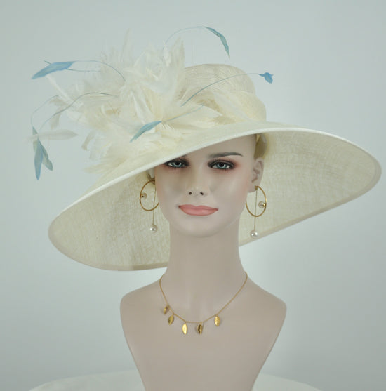 Ivory Powder Blue Wide Brim Kentucky Derby Hat,Ascot Hat for Wedding & Tea Party, Garden Party Hat, Mother of the Bride, Church