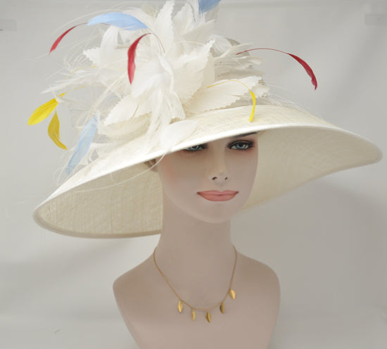 Wide Brim Kentucky Derby Hat, Ascot Hat for Wedding & Tea Party, Garden Party Hat, Mother of the Bride, Church Ivory Off White Blue Yellow