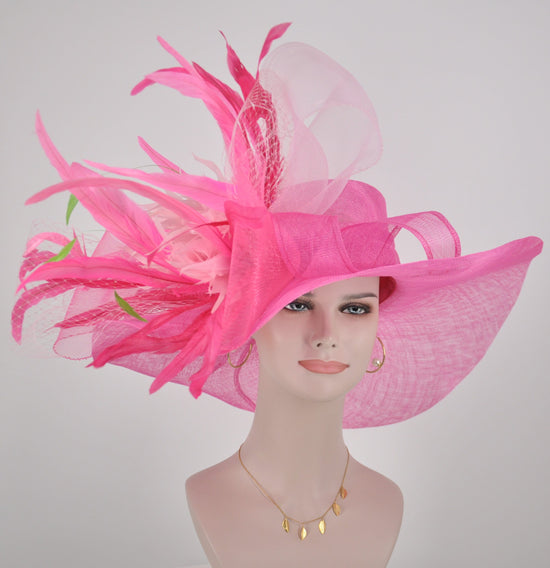 Hot Pink Feather Flower Wide Brim Kentucky Derby Hat,Ascot Hat for Wedding & Tea Party, Garden Party Hat, Mother of the Bride, Church