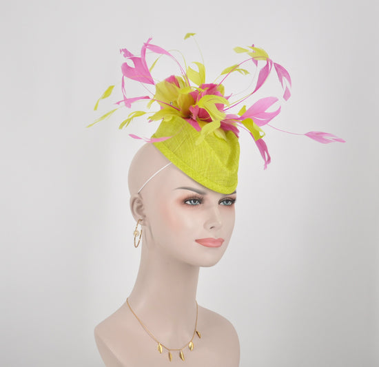 Lime Green Sinamay DerbyFascinator Hat with Hot Pink Flowers
