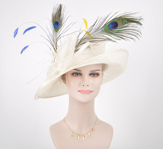 Wide Brim DerbyFloppy Sinamay Hat With Flowers Millinery Church Hat White w Colorful Feathers