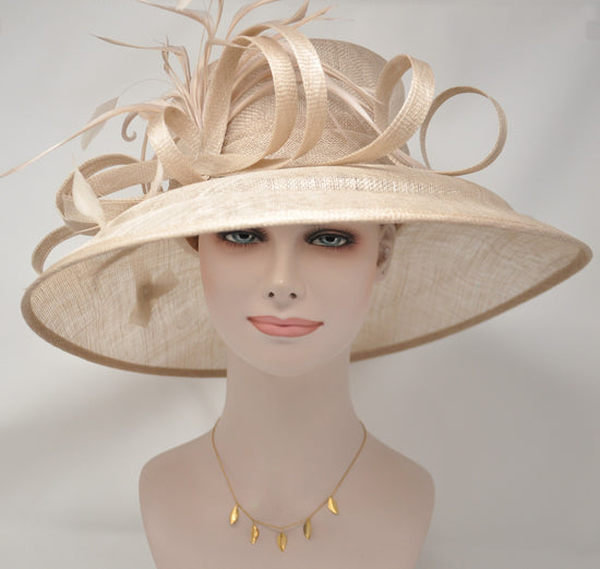 Wide Brim Champagne Derby Hat, Feather Flower Ascot Races