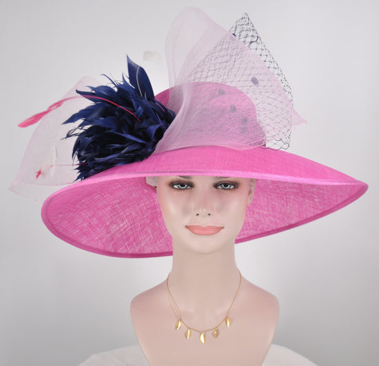 Sinamay Derby Hat: Hot Pink Wide Brim with Navy & Pale Pink Bows