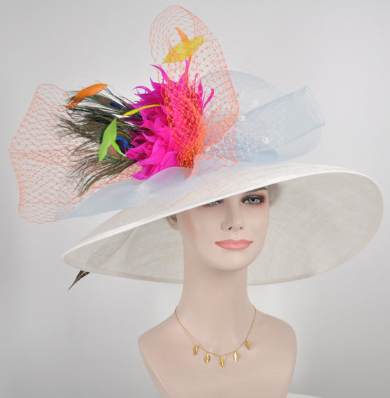 Wide Brim Sinamay Derby Hat: Feather Flower Tea Party Wedding