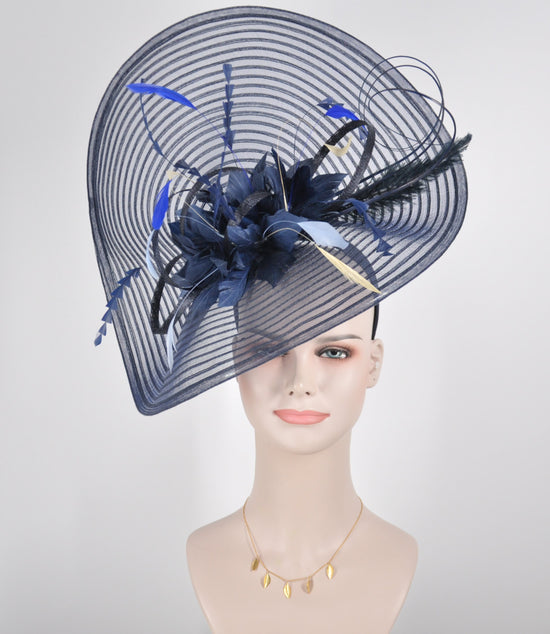Wide Brim Kentucky Derby Fascinator Hat,Ascot Hat for Wedding & Tea Party,Garden Party Hat,Mother of the Bride, Church Navy Blue Royal Blue