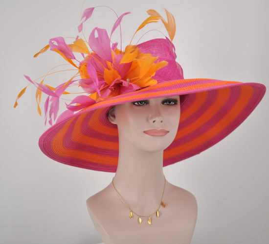 Orange Hot Pink Wide Brim Sinamay Straw Kentucky Derby Hat,Ascot Hat for Wedding Tea Party, Garden Party Hat, Mother of the Bride, Church
