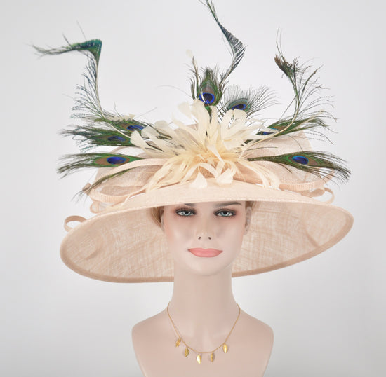 Champagne Peacock Feather Wide Brim Sinamay hat, Kentucky derby Hat, Wedding Guest Hat, Tea Party Hat, Ascot Royal Style Hat,Oaks Day Hat