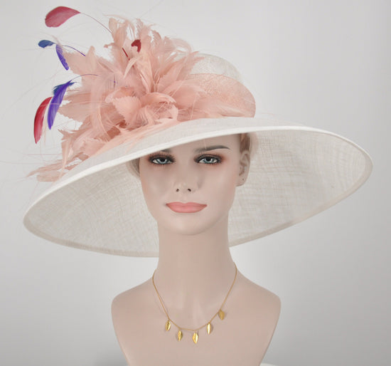 Sinamay Derby Hat: Wide Brim Off White with Blush Pink Feather Flower