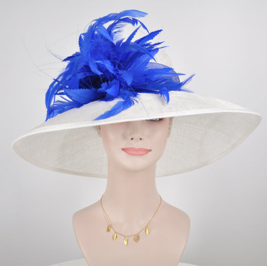Wide Brim Sinamay Derby Hat: White with Feather Flower