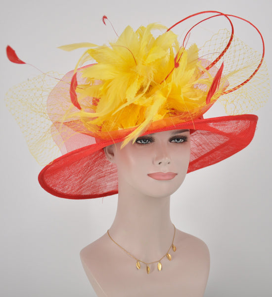 Red Derby Hat: Feather Flower & Ostrich Quill Tea Party Hat