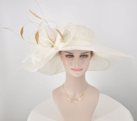 Ivory Derby Hat: Feather Flower Sinamay Church Hat
