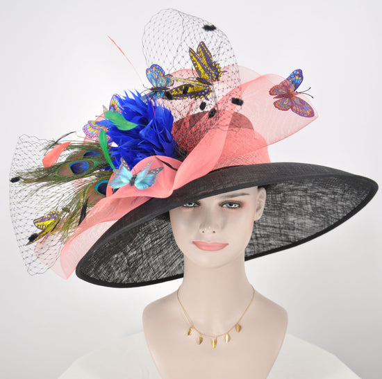 Kentucky Derby Sinamay Hat, Wide Brim, Coral Pink, Black, Butterfly