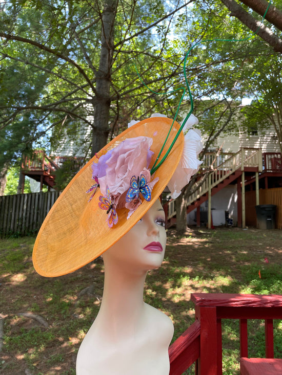 Orange Sinamay Disc Fascinator Hat with Jumbo Silk and Feather Flowers