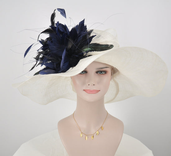 White Sinamay Derby Hat: Navy Blue Feather Church Hat