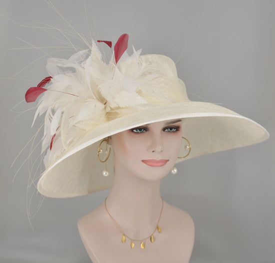 Wide Brim Kentucky Derby Hat, Ascot Hat for Wedding & Tea Party, Garden Party Hat, Mother of the Bride, Church Ivory/Off White Burgundy