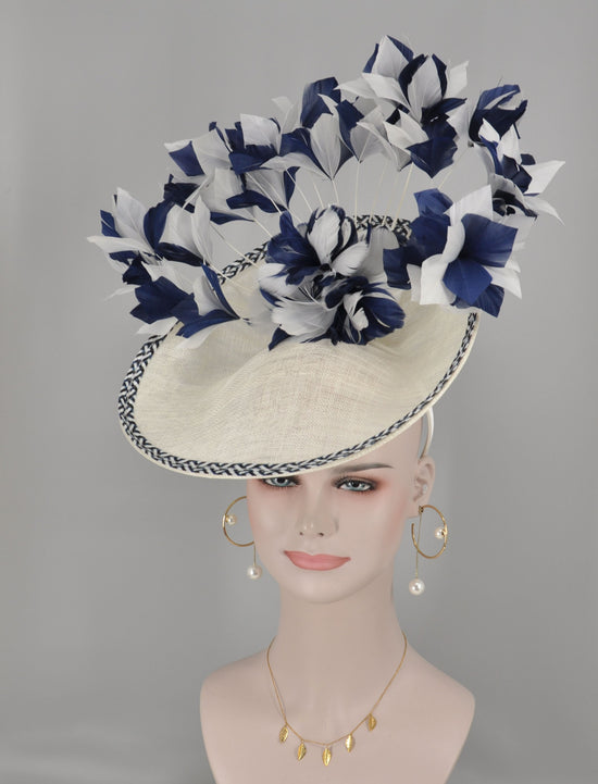 White W Navy Blue Sinamay Disc Fascinator Hat with Jumbo Goose Feather Flower