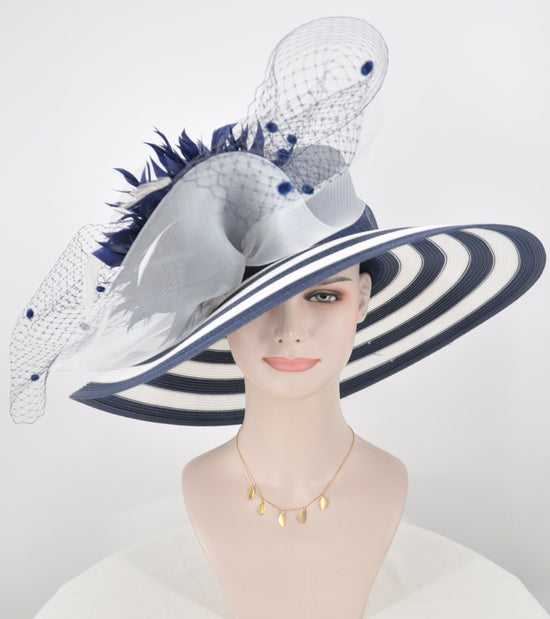 Navy Blue Derby Hat: Feather Flower Wide Brim Sinamay Straw