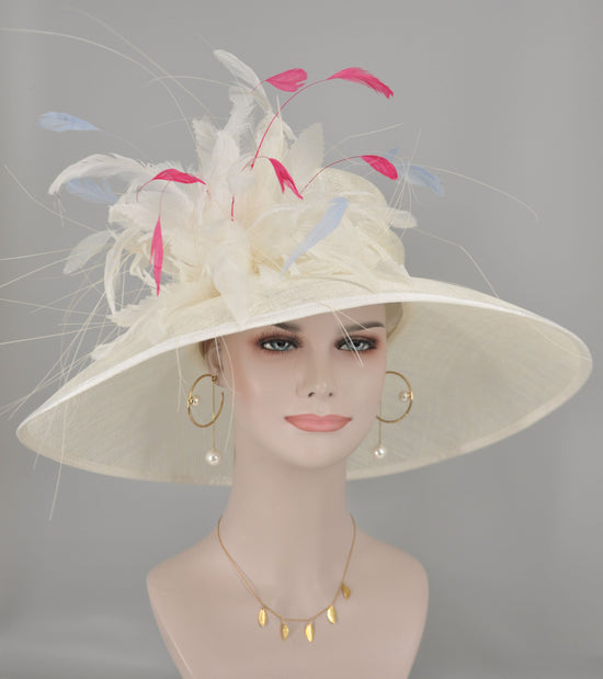 Wide Brim Kentucky Derby Hat, Ascot Hat for Wedding & Tea Party, Garden Party Hat, Mother of the Bride, Church Ivory/Off White Hot Pink Blue