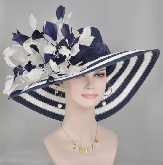 Wide Brim Kentucky Derby Hat, Ascot Hat for Wedding & Tea Party, Garden Party Hat, Mother of the Bride, Church Navy Blue White