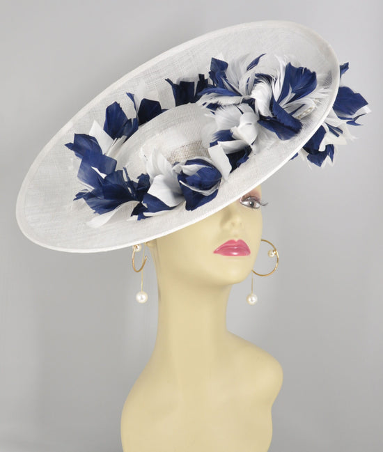 White w Navy Blue Sinamay Disc Fascinator Hat with Jumbo Feather Flowers