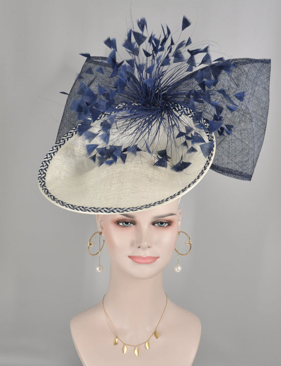 White W Navy Blue Sinamay Disc Fascinator Hat with Jumbo Feather Flower and Ribbon