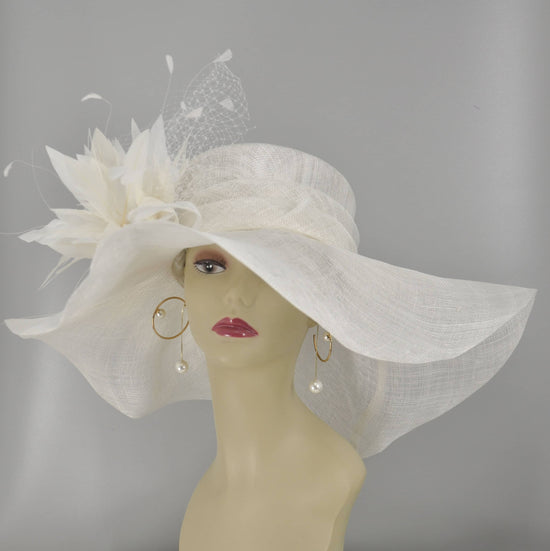 White Feather Flower Sinamay Derby Hat: Wide Brim Church Hat