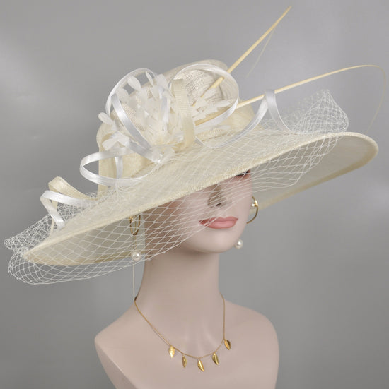 Off White Sinamay Derby Hat: Wide Brim Wedding Ascot Hat