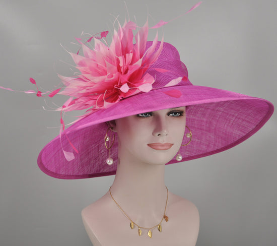 Fuchsia Feather Flower Wide Brim Kentucky Derby Hat,Ascot Hat for Wedding & Tea Party, Garden Party Hat, Mother of the Bride, Church