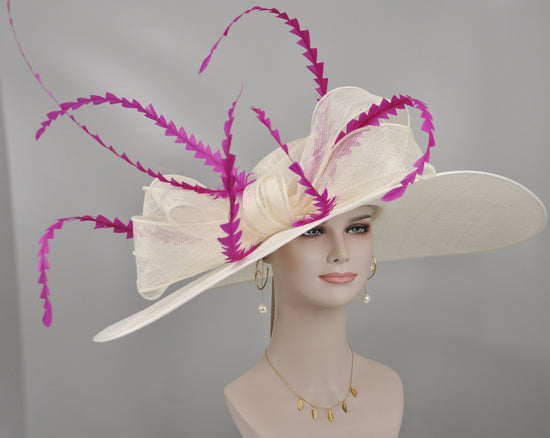 Ivory Off White Wide Brim Sinamay Hat For Kentucky Derby Party, Ascot Royal Party, Tea Wedding Garden Party, Mother of the Bride, Church