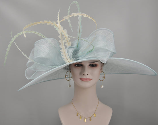 Powder Blue Derby Hat: Wide Brim Feathered Sinamay Bow