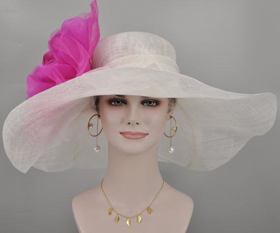 Sinamay Derby Hat: White Floppy Brim with Fuchsia Silk Flower