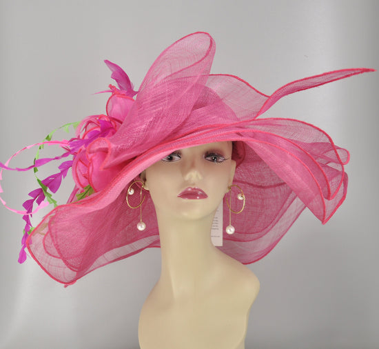Wide Brim Kentucky Derby Hat, Ascot Hat for Wedding & Tea Party, Garden Party Hat, Mother of the Bride, Church- Hot Pink