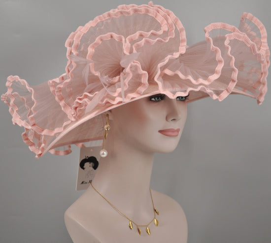 Blush Pink Dusty Pink Wave Crin Wide Brim Kentucky Derby Hat, Ascot Hat for Wedding Tea Party, Garden Party Hat, Mother of the Bride,Church