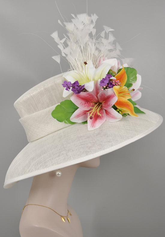 Wide Brim Sinamay Derby Hat: White Lily, Orchid, Feather Flower
