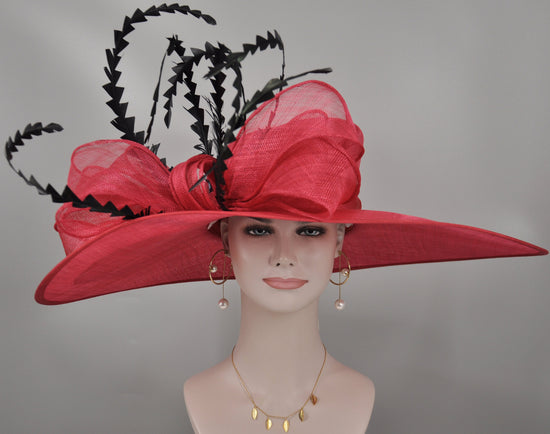 Red Sinamay Derby Hat: Feather Ascot Race Day Hat
