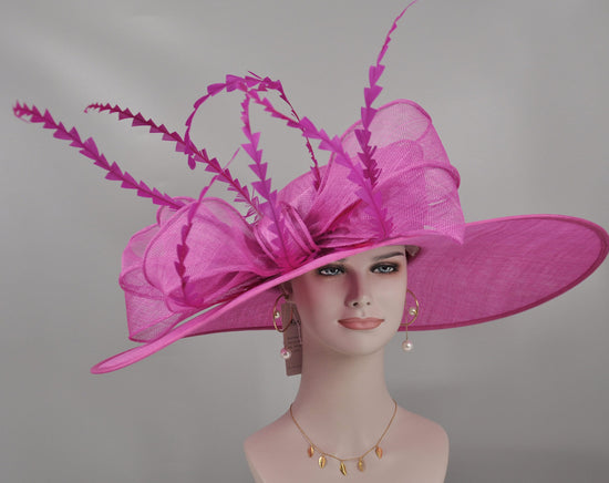 Wide Brim Kentucky Derby Hat, Ascot Hat for Wedding & Tea Party, Garden Party Hat, Mother of the Bride, Church Fuchsia/Hot Pink