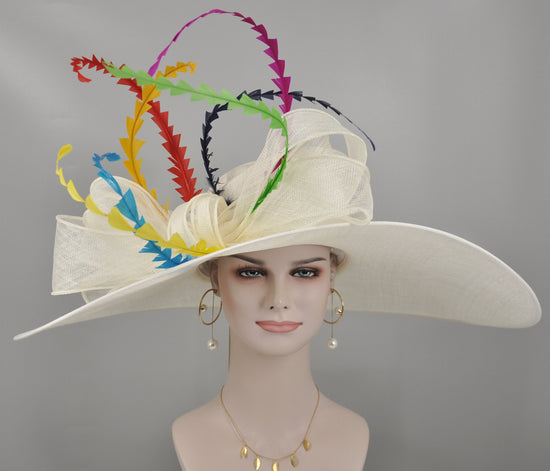 Wide Brim Feathered Derby Hat - Ivory Royal Ascot Sinamay Bow