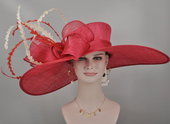 Red Kentucky Derby Hat: Wide Brim Feather Ascot Hat