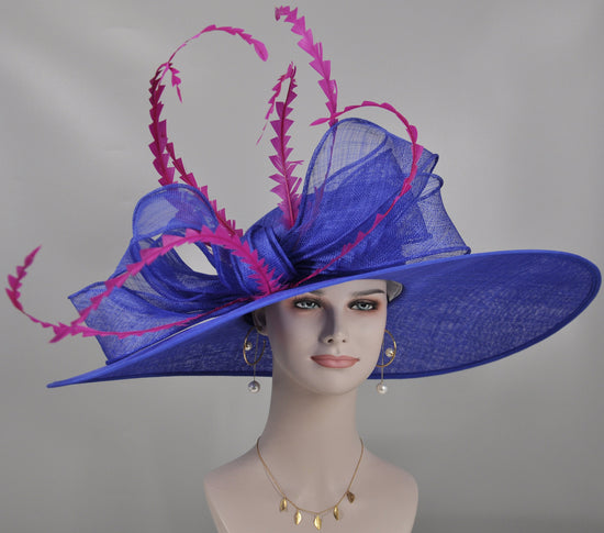 Royal Blue Fuchsia Feather Wide Brim Kentucky Derby Hat, Ascot Hat for Wedding & Tea Party, Garden Party Hat, Mother of the Bride,Church