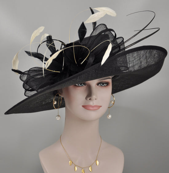 Wide Brim Kentucky Derby Hat, Ascot Hat for Wedding & Tea Party, Garden Party Hat, Mother of the Bride, Church Black W Nude/Cream