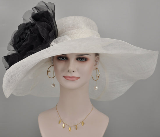 Sinamay Kentucky Derby Hat, White Floppy Brim, Black Silk Flower