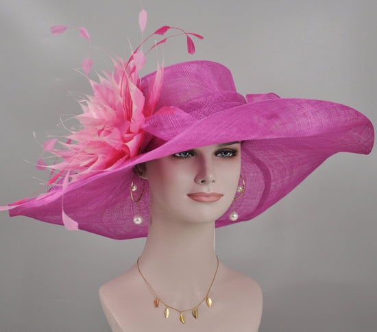 Wide Brim Kentucky Derby Hat, Ascot Hat for Wedding & Tea Party, Garden Party Hat, Mother of the Bride, Church Fuchsia Pink Feather Flower