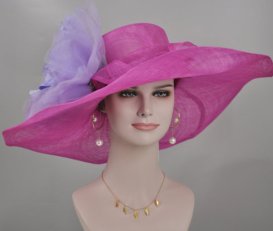 Fuchsia Pink Lavender Silk Flower Wide Brim Sinamay hat, Kentucky derby Hat, Wedding Guest Hat, Tea Party Hat, Ascot Royal Hat,Oaks Day