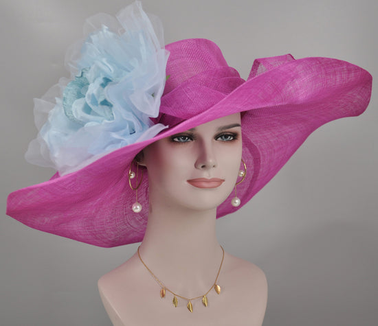 Fuchsia Sinamay Derby Hat: Jumbo Silk Flower Wide Brim