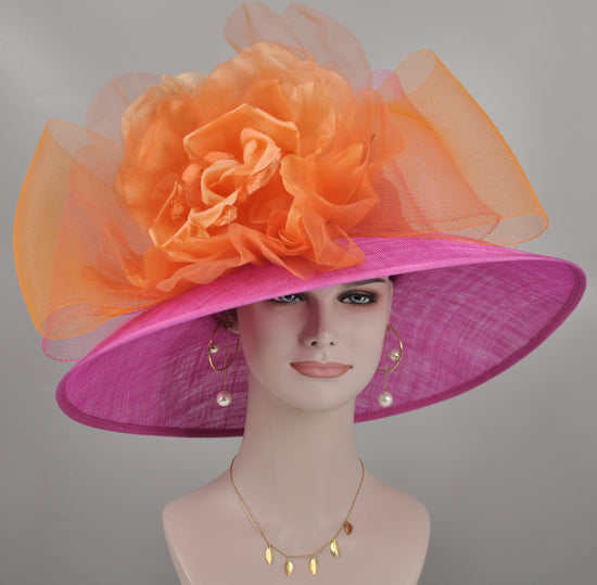 Sinamay Derby Hat: Hot Pink Wide Brim with Orange Silk Flower