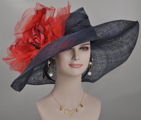 Navy Blue Wide Brim Sinamay Hat with Multi Color Silk Flower Option For Kentucky Derby, Ascot, Tea Party Hat, Wedding Guest Hat,Church