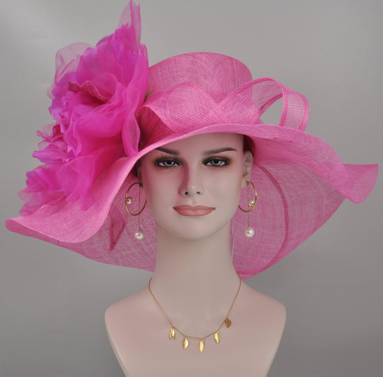 Hot Pink Sinamay Derby Hat: Jumbo Silk Flower Wide Brim